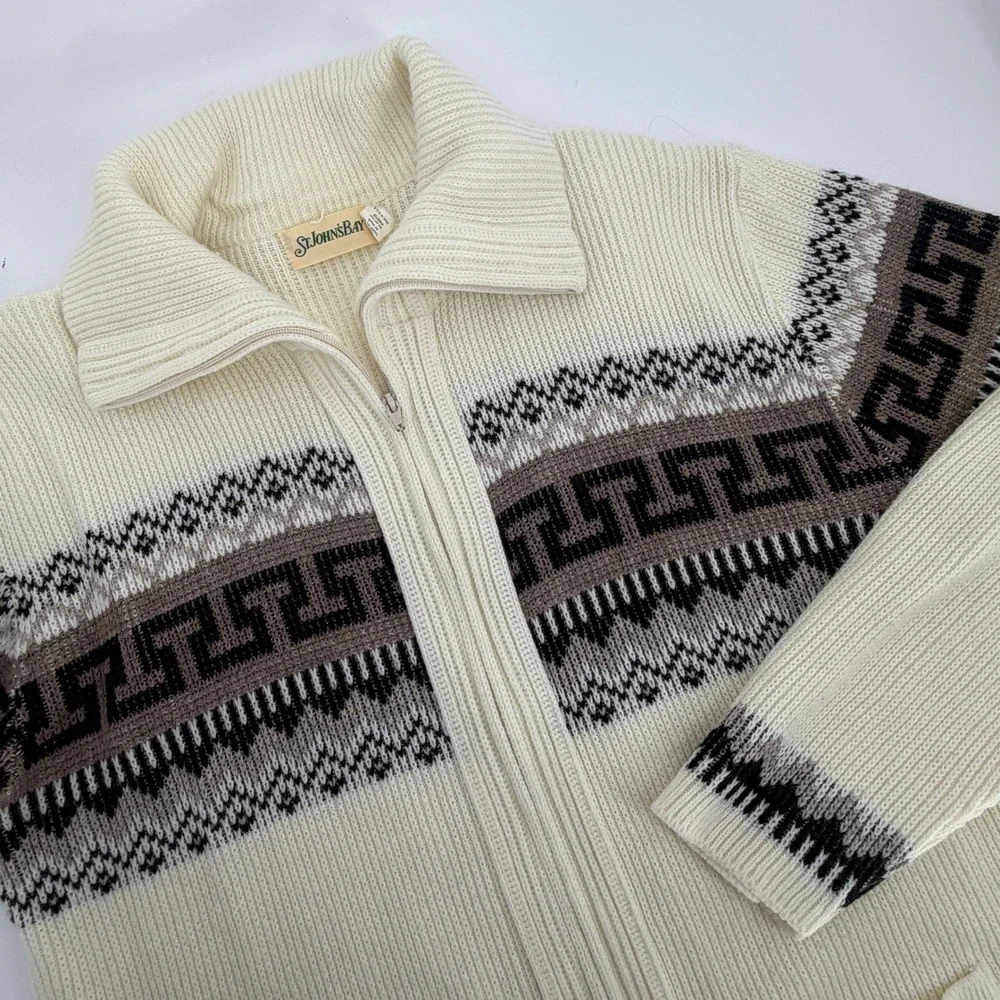 Vintage St Johns Bay Mens Full Zip Cardigan Sweater Cream Greek Key Fair Isle L
